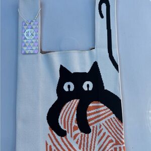 D'KELY Cream Cat Tote Bag with Orange Yarn Motif